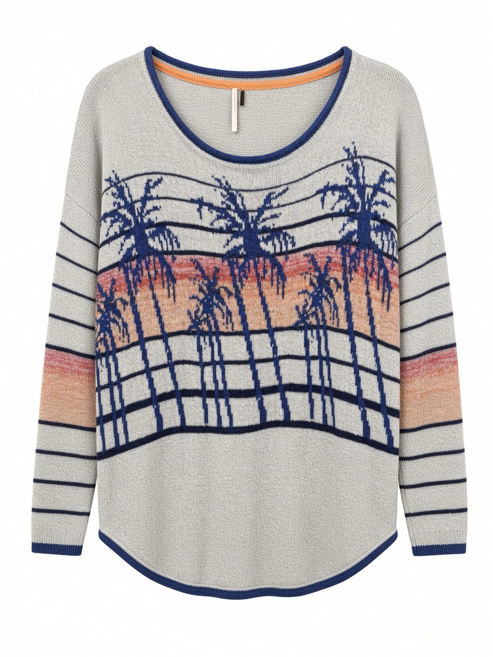 Free People Cream Knit Sweater with Blue Palm Print and Orange Sunset Accents M